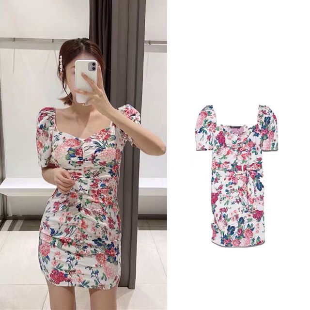 Đầm zara hoa tay phồng