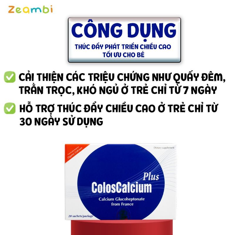 Canxi hữu cơ cho bé Zeambi Coloscalcium Plus Hộp 20 gói, Có Vitamin D3K2