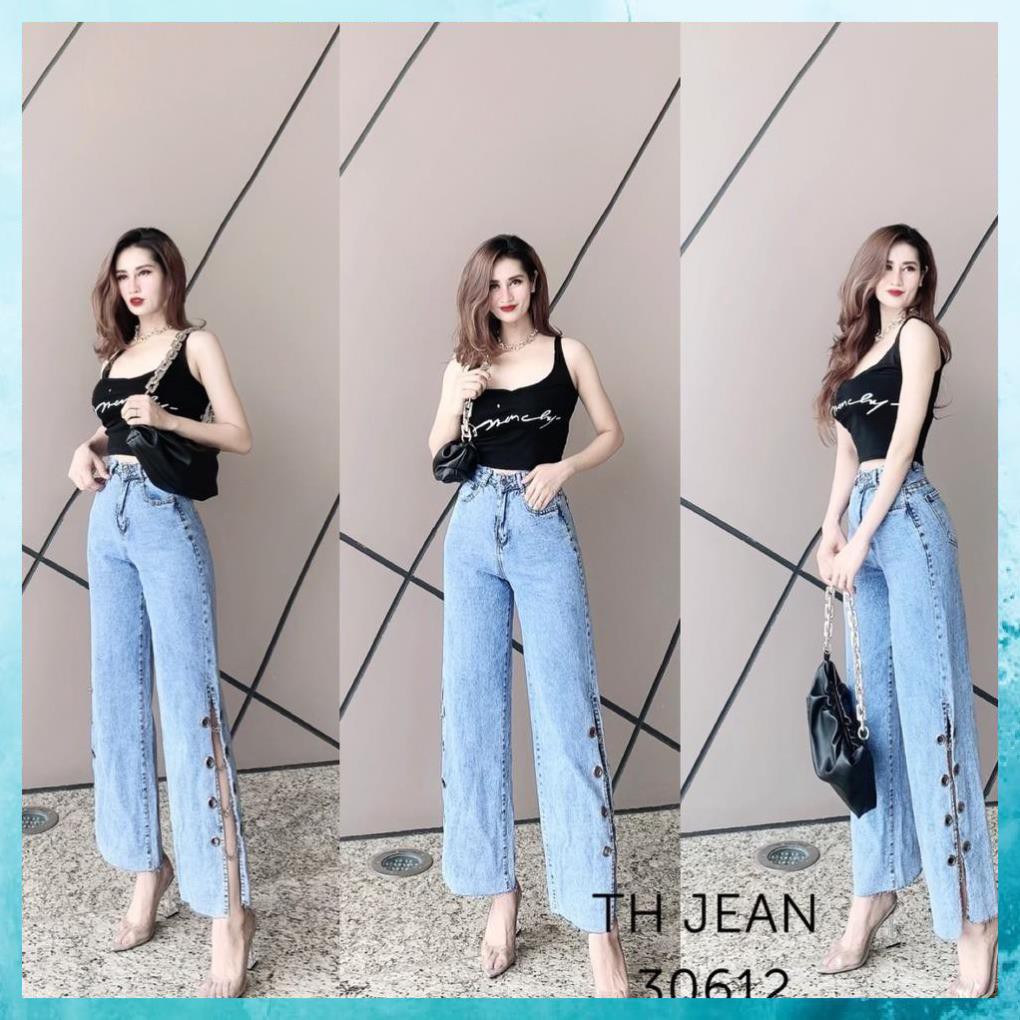 [TH Jeans] Quần jeans dài dáng suông, quần bò nữ lưng cao túi chéo ống xẻ phối xích 2 bên. Mã D0170