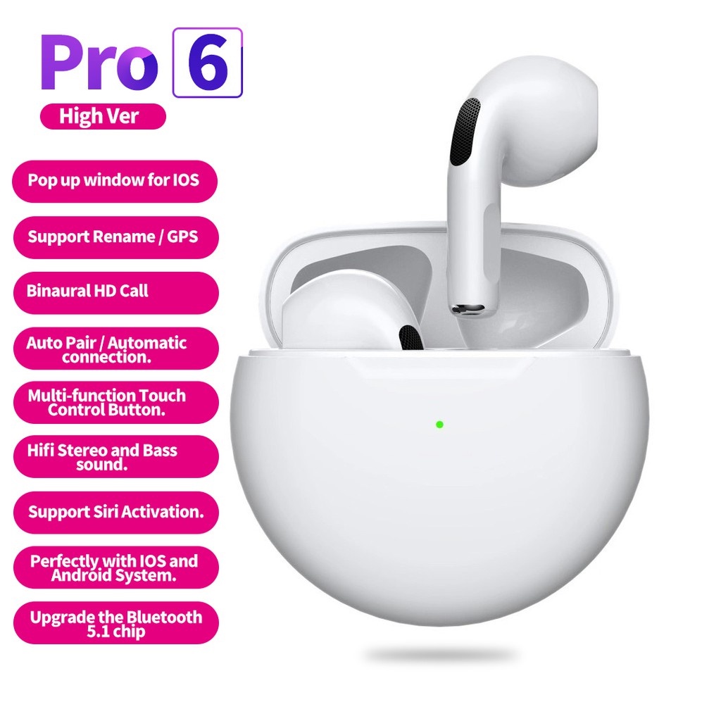Tai Nghe Bluetooth Pro 6, Tai Nghe Không Dây Phiên Bản Cao Cấp Nhất, Nghe Cực Hay, Bảo Hành Lỗi Đổi Mới