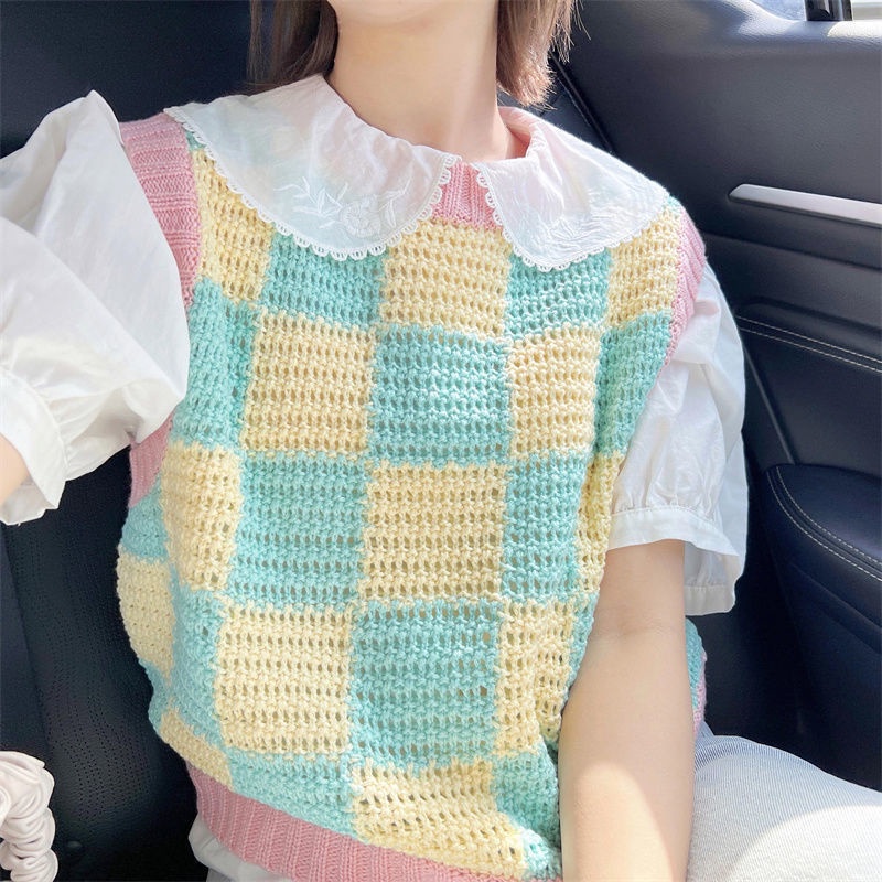 Áo Dệt Kim Sát Nách Sọc Ca Rô Phối Màu Tương Phản Cá Tính Thời Trang Hàn Quốc Cho Nữ