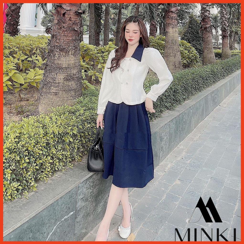 [HOT_FASHION] SET SƠ MI CÚC CHÂN VÁY XANH THAN CỔ ĐIỂN - CHẤT LIỆU CAO CẤP - PHỐI MÀU TRẮNG VÀ XANH ĐEN | BigBuy360 - bigbuy360.vn