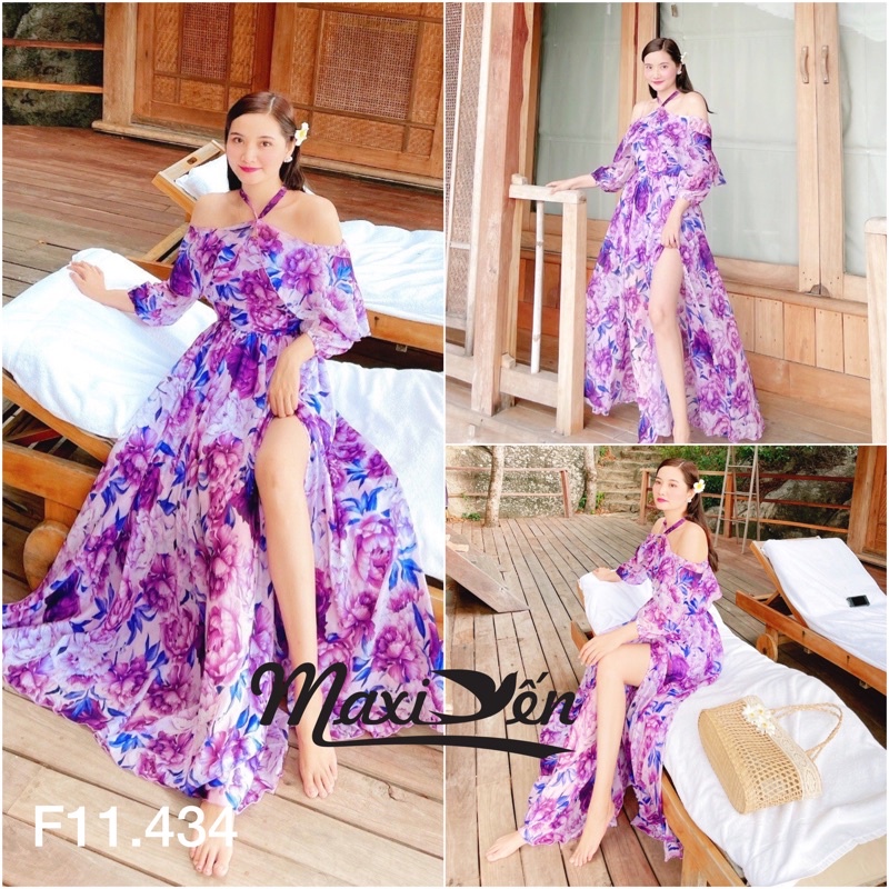 ĐẦM MAXI HOA XANH TÍM CỔ YẾM CHÂN XẺ F11.434 MAXI YẾN