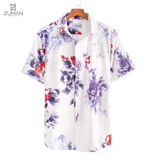 Áo sơ mi nam ngắn tay vải lụa thiết kế hoạ tiết hoa phối màu - ZUMAN - ASM12