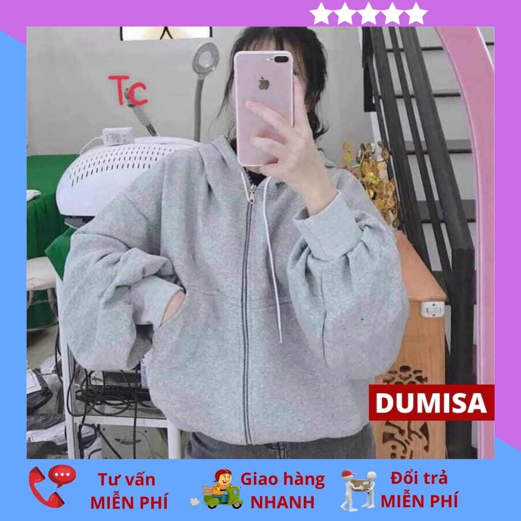 Áo hoodie nữ form rộng trơn có dây kéo mũ thời trang unisex