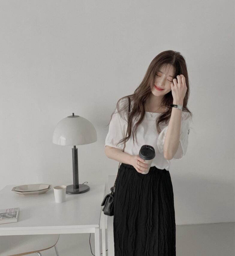 SUXI Áo kiểu cổ vuông tay ngắn phong cách Hàn Quốc thời trang xinh xắn dành cho nữ