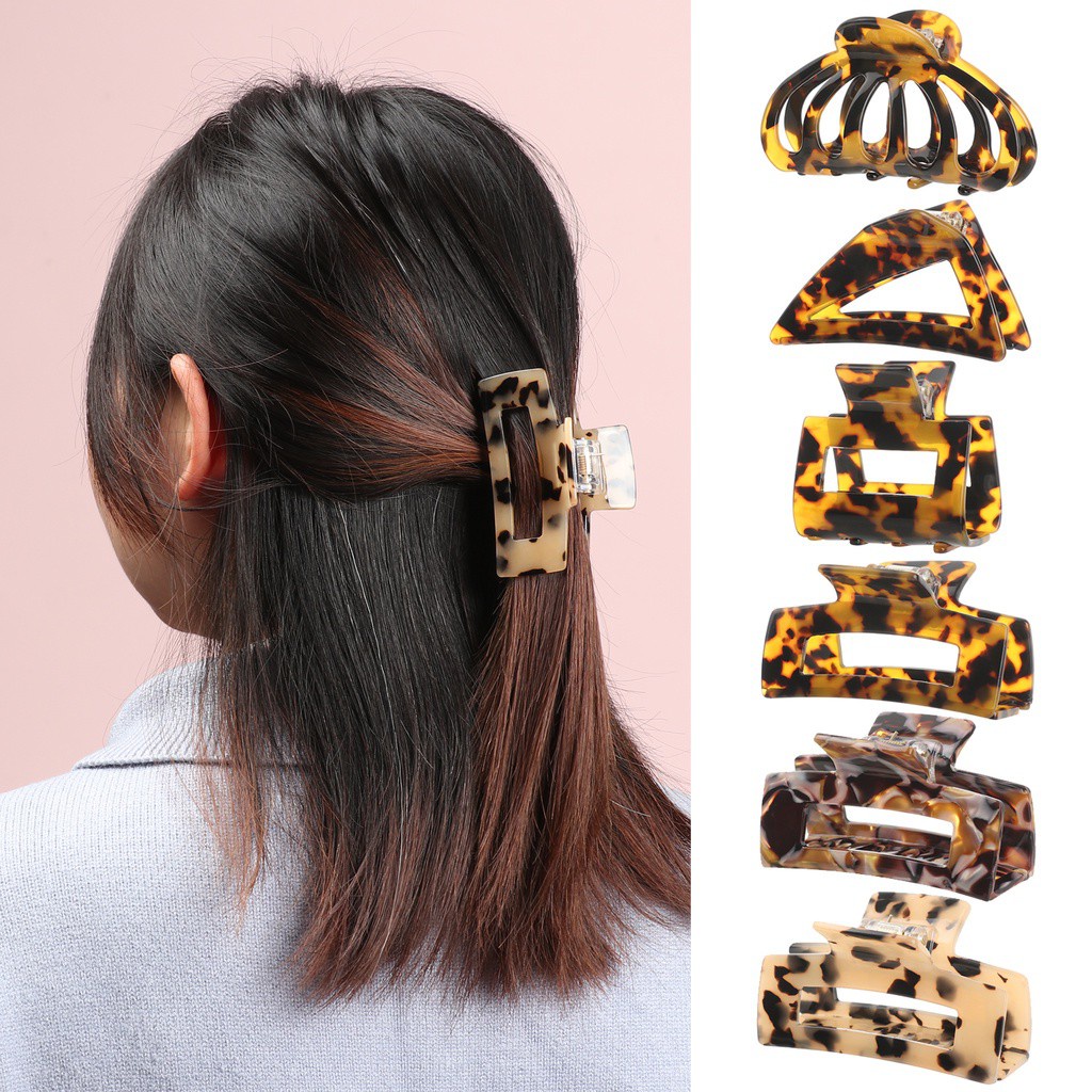 XIANSTORE Women Tortoise Claw Ponytail Holder Hair Clip Acrylic Rectangle Leopard Print Non-Slip Strong Hold Barrette Long Hair