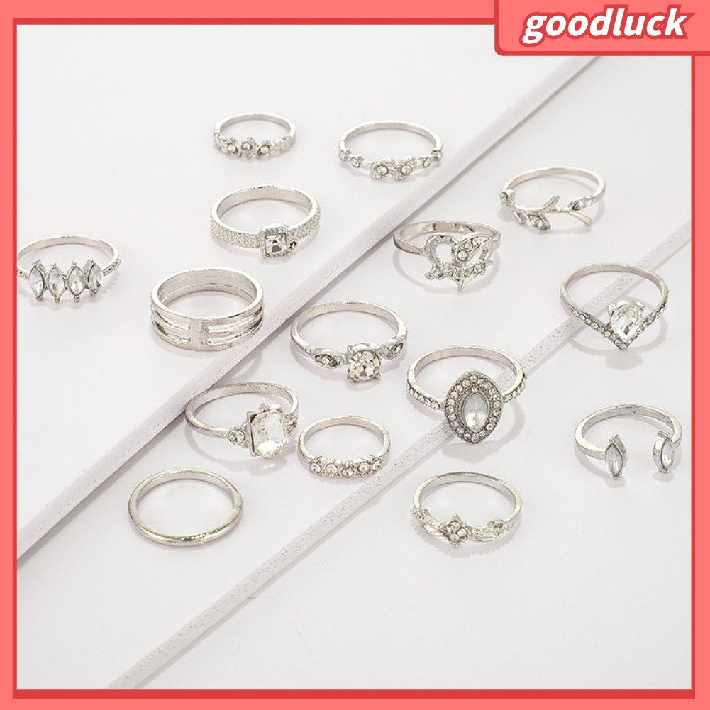 Bộ 15 nhẫn đính đá giả nhiều mẫu mã phong cách boho thời trang cho nữ
