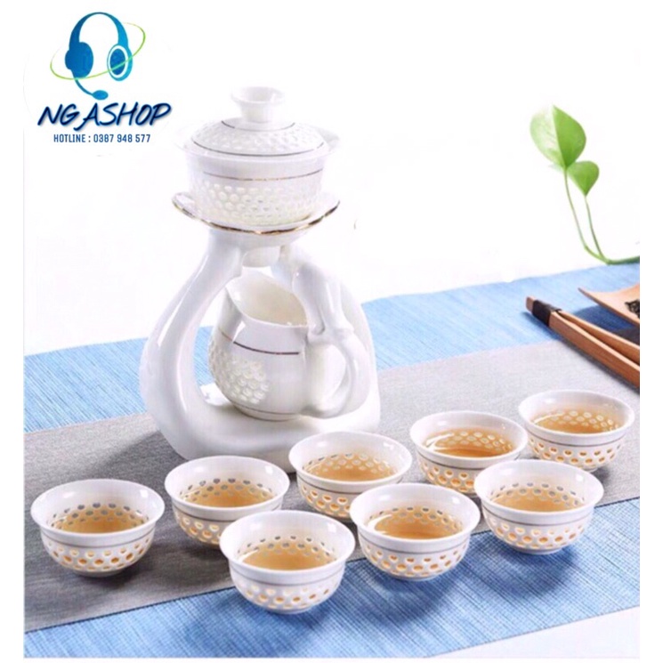 Bộ ấm chén pha trà đẹp Cối xay gốm sứ cao cấp,Bộ chén uống trà đạo kungfu tử sa màu trắng hoa xanh,10 chi tiết giá rẻ