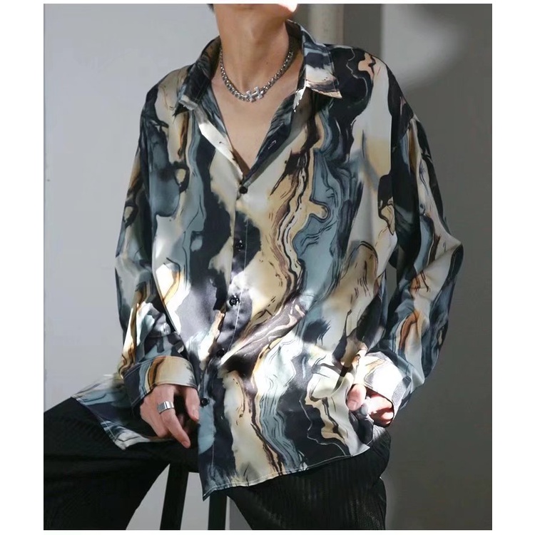 Áo sơ mi tay dài dáng rộng vải lụa satin in họa tiết hoa phong cách Hồng Kông cổ điển thời trang cho nam và nữ