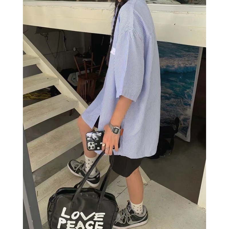 IMAODOU  Áo sơ mi  mỏng tay ngắn dáng rộng họa tiết kẻ sọc phong cách Hồng Kông thời trang mùa hè cho nữ 2023