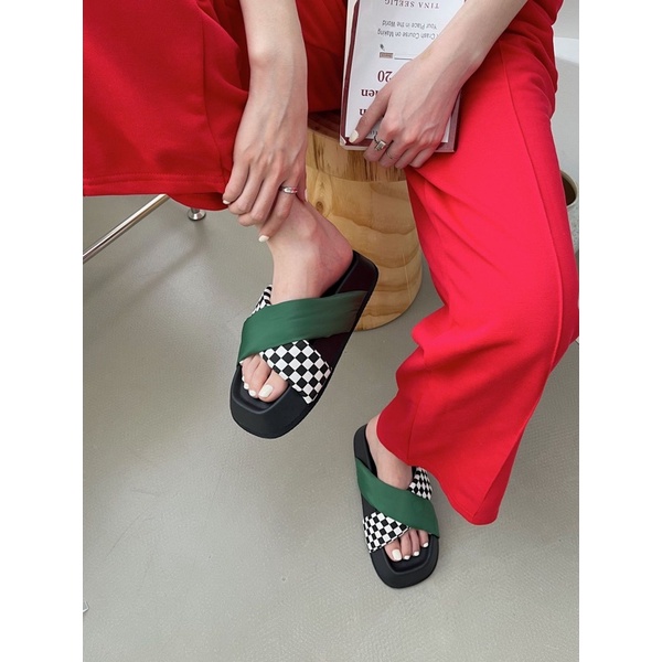 Dép Slipper Canvas Quai Chéo Chữ X Họa Tiết Checkerboard Vintage Kẻ Ô Caro