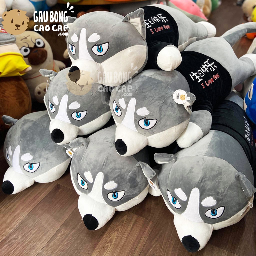 Chó Bông Husky mắt biểu cảm mặc áo thun đen lông mịn Gấu Bông Chó Husky nhồi gòn êm đan hồi trắng tinh khiết