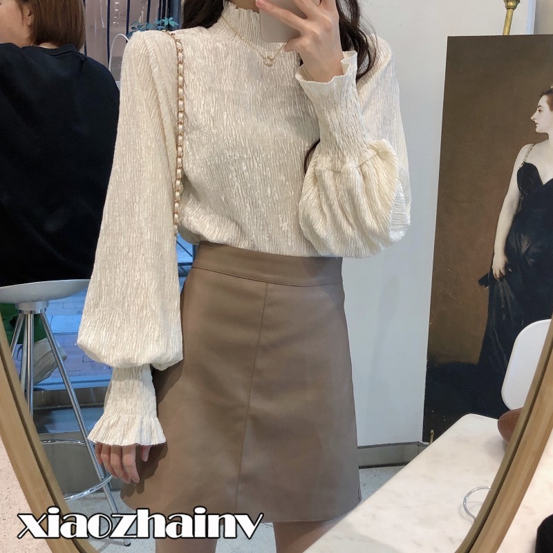 Xiaozhainv Áo Thun Tay Dài Cổ Cao 3 Màu Đen Trắng Phong Cách Hàn Quốc Cho Nữ