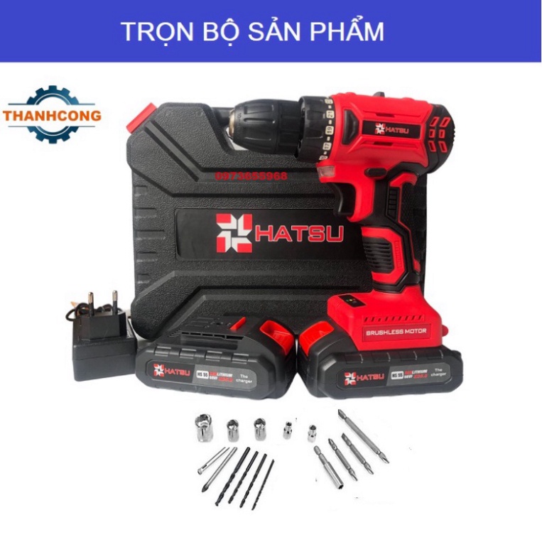 Máy khoan pin HATSU ✨ máy khoan cầm tay ĐỘNG CƠ KHÔNG CHỔI THAN 🔥BỀN BỈ, SIÊU MẠNH MẼ🔥