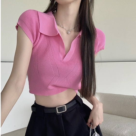 QKOOLE  Áo Croptop Dệt Kim Tay Ngắn Phong Cách Vintage Hàn Quốc
