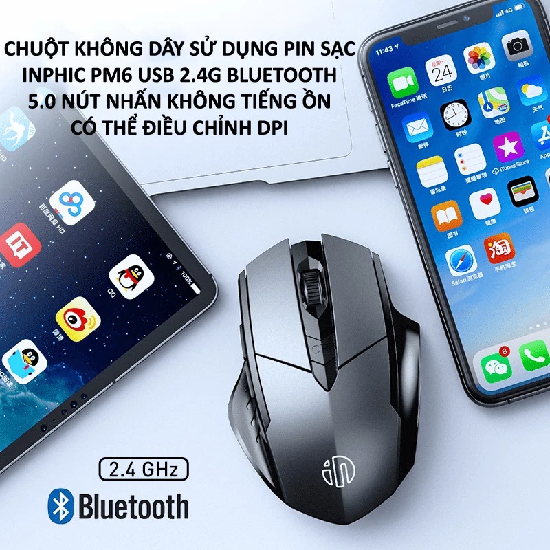 Chuột không dây INPHIC PM6 sử dụng pin sạc kết nối bằng USB 2.4G, Bluetooth 5.0 với nút nhấn silent không tiếng ồn - VL