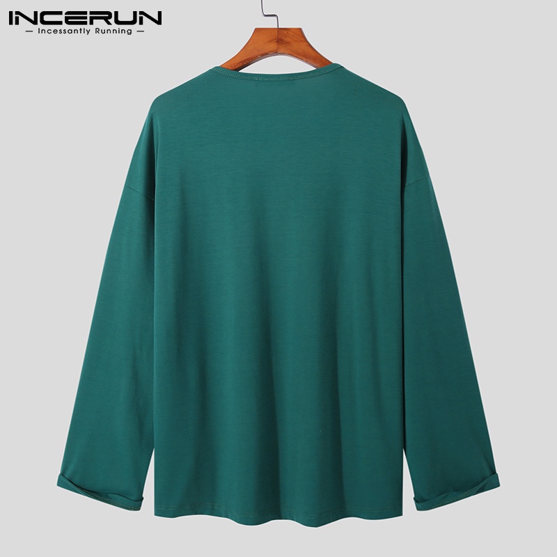 Áo sơ mi INCERUN tay dài dáng rộng thoải mái màu trơn cài khuy cho nam