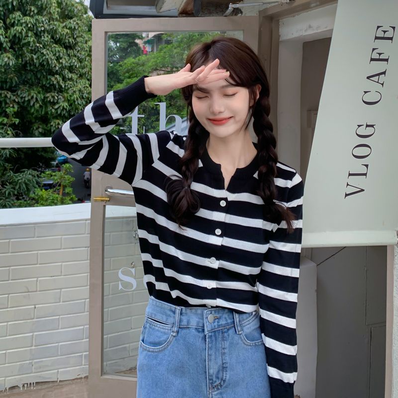 Áo Khoác Cardigan Dệt Kim Tay Dài Dáng Rộng Họa Tiết Kẻ Sọc Thời Trang Hàn Quốc Mới Cho Nữ