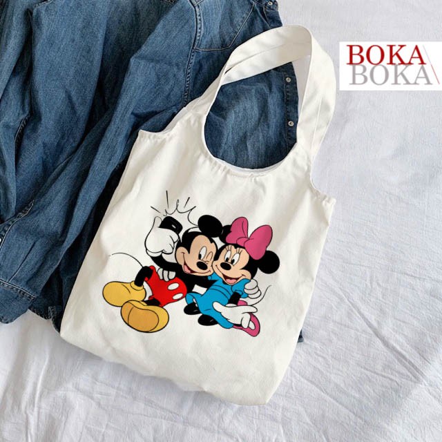 Túi Tote Vải Canvas Quai Tròn Hình Mickey &amp; Friends Có Khóa Miệng Túi