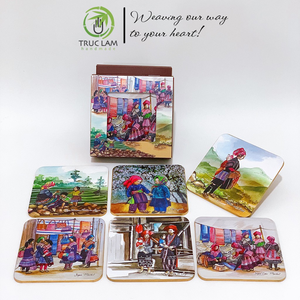 Bộ Lót Ly Lót Cốc Giấy Ép Cán Lụa 6 Chiếc In Hình Chủ Đề Miền Núi - Trúc Lâm Handmade