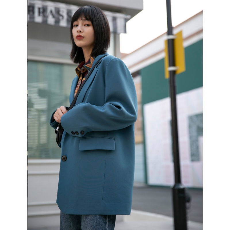 COD blazer Áo khoác blazer nữ mùa thu mẫu mới 2020 Áo vest ins có hai hàng màu xanh dương