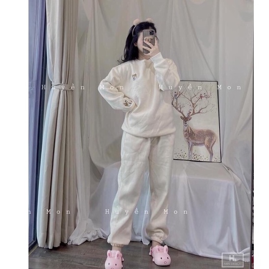 Bộ nỉ thêu chó shiba dài tay nữ - Set đồ ngủ quần ống bo gấu kèm áo sweater ulzzang HOT