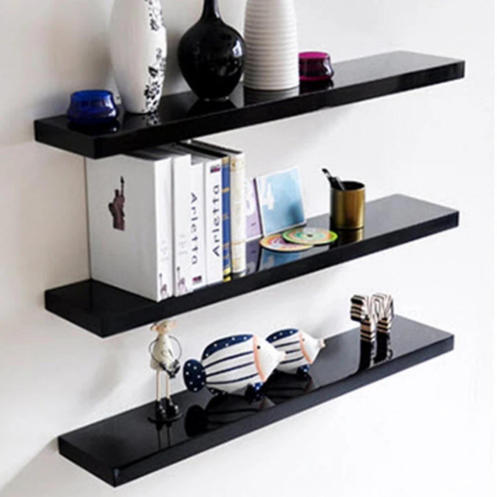 Kệ gỗ treo tường set 3 thanh 40,50,60cm x 15cm màu đen  kèm phụ kiện đầy đủ