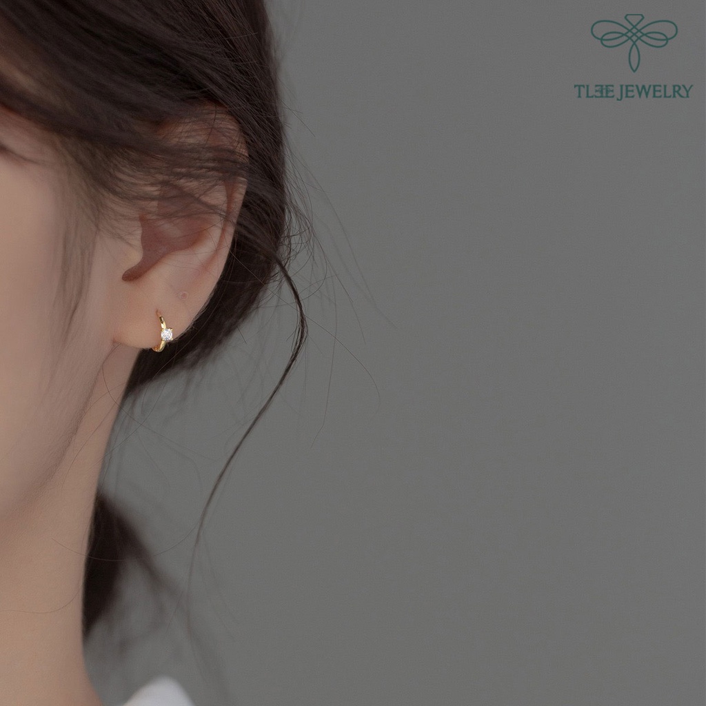 Khuyên tai bạc nữ TLEE tròn chốt bấm mặt nụ đá trendy dáng đeo sát tai TleeJewelry B0232