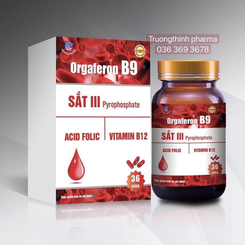 Viên uống bổ sung sắt và Acid folic ORGAFERON B9 _ bổ máu, ngăn ngừa thiếu máu. Hộp 36 viên
