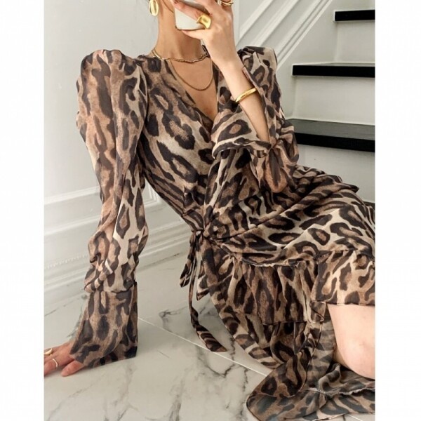 Váy Da Beo Dài Tay Cổ Chéo Muelt Leopard Wrap Dress JULL-LOG