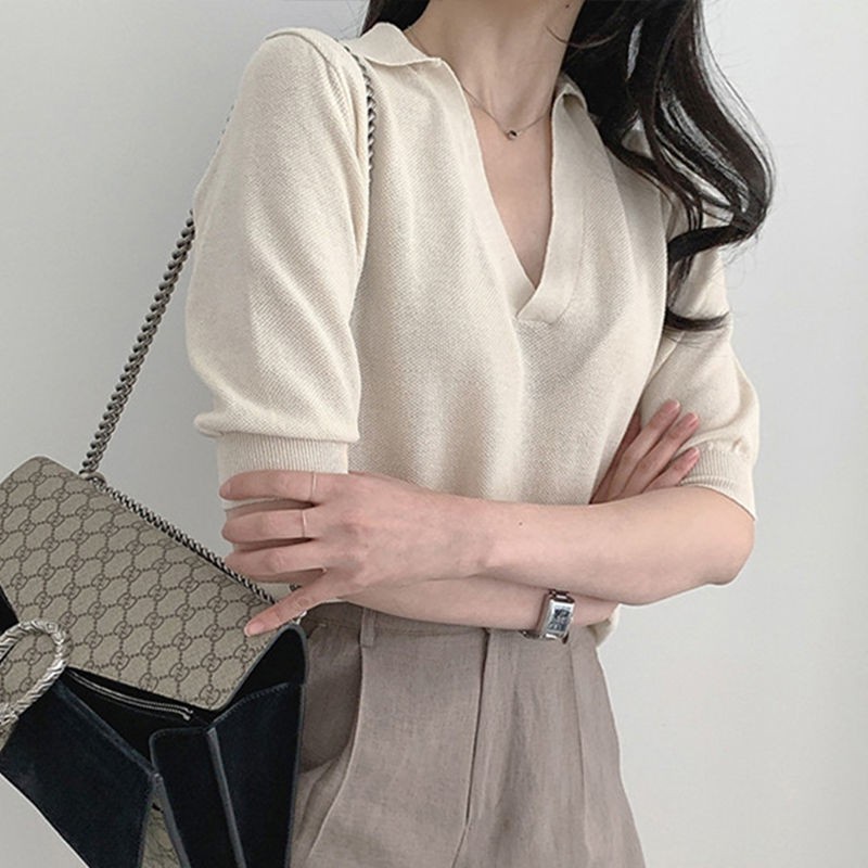 Bella Áo Sweater Lụa Mỏng Tay Ngắn Cổ Polo Phong Cách Retro | BigBuy360 - bigbuy360.vn
