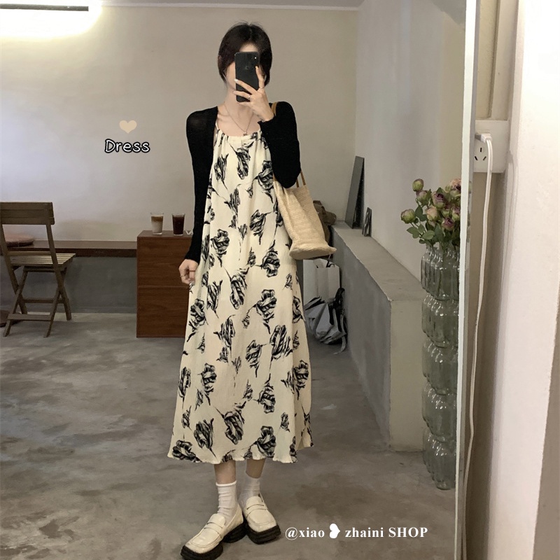 (ORDER) Váy hai dây suông rộng dài họa tiết hoa lá màu đen trắng style vintage nhẹ nhàng đơn giản