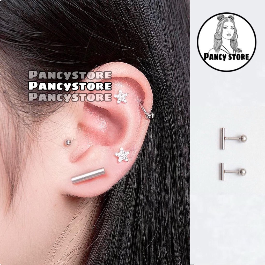 bông tai nam nữ thanh tròn thẳng khuyên tai titan Unisex