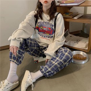 [SIÊU XINH] Set bộ nỉ bông TELEVISION mix quần jogger kẻ cực xinh dáng suông phom rộng thoải mái (Sỉ từ 5sp bất kì)