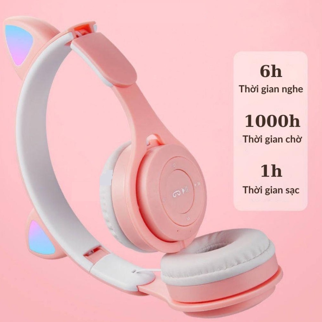 Tai nghe mèo chụp tai bluetooth không dây có mic BOMAN, Tai phone bluetooth không dây gaming có đèn led đổi màu cute