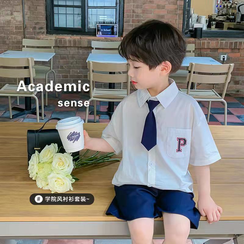 Bộ Trang Phục Hai Mảnh Áo Sơ Mi Trắng Ngắn Tay Phong Cách Preppy Thời Trang Mùa Hè Cho Bé Trai 2022