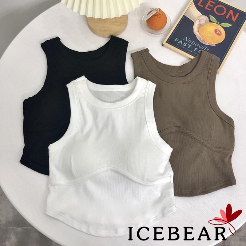 ICE-Women Push Up Crochet Vest Solid Color Round Neck Ribbed Cropped Tank Tops