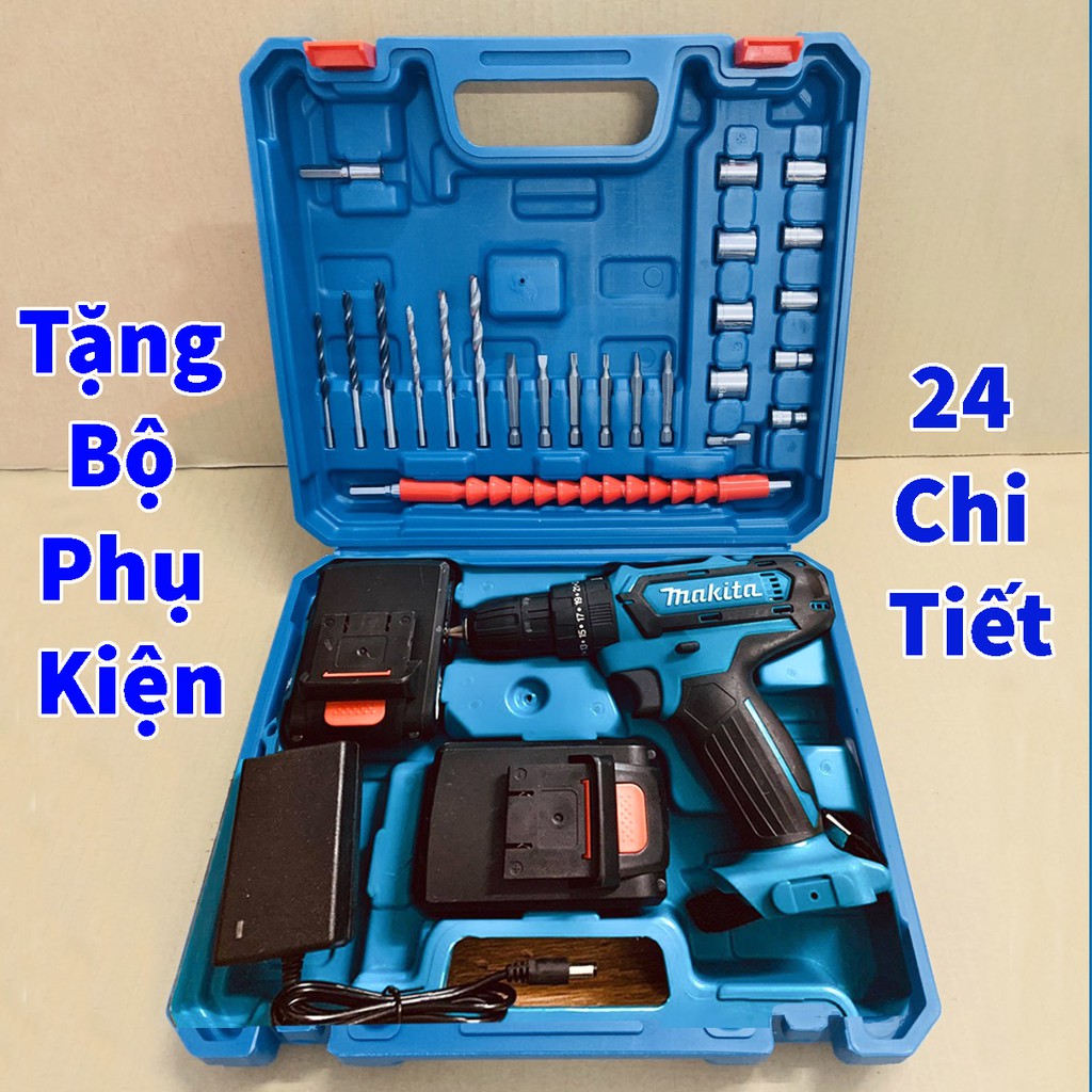 Máy khoan pin 26V Makita 3 chức năng có búa - Máy khoan bắt vít cầm tay - Tặng bộ phụ kiện 24 chi tiết