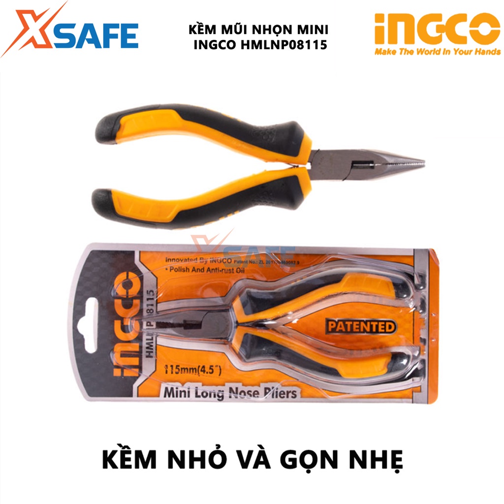 Kìm mũi nhọn mini INGCO HMLNP08115 Kềm mũi nhọn 4.5&quot;, đầu kềm được đánh bóng chống gỉ, tay cầm hai màu - XSAFE