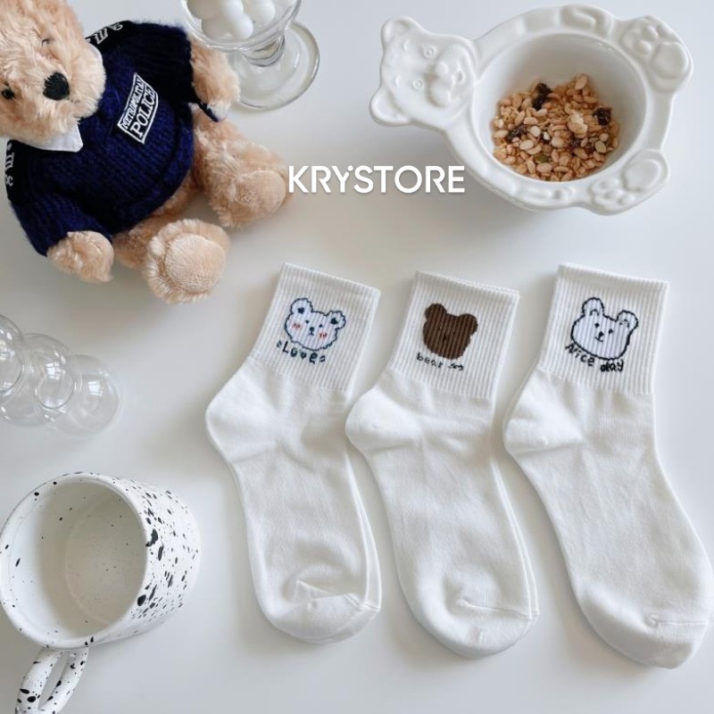 Tất vớ cổ cao trắng hình Gấu Cute chất Cotton đẹp Krystore TC24