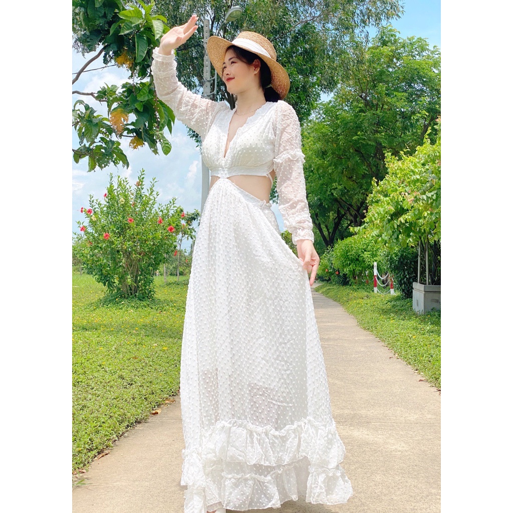 Đầm maxi đi biển dáng dài khoét eo hở lưng cá tính cực xinh phong cách thời trang XUKA-DRESS chất Voon be