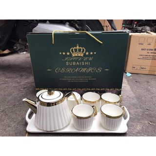 Bộ ấm chén sứ xanh trắng sọc dọc
