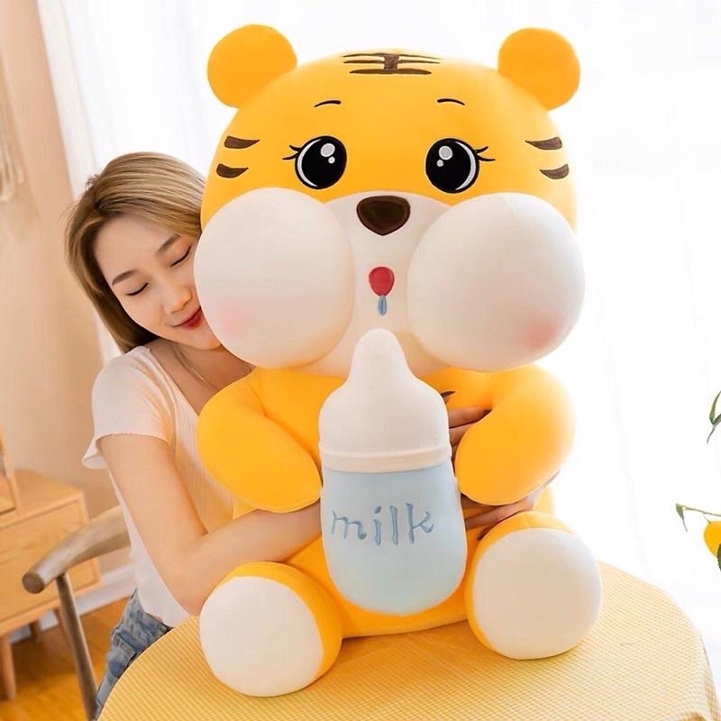 Gấu bông hổ dễ thương I Hổ ôm bình sữa nhồi bông màu vàng I Kích thước 75cmI Dáng ngồi dễ thường