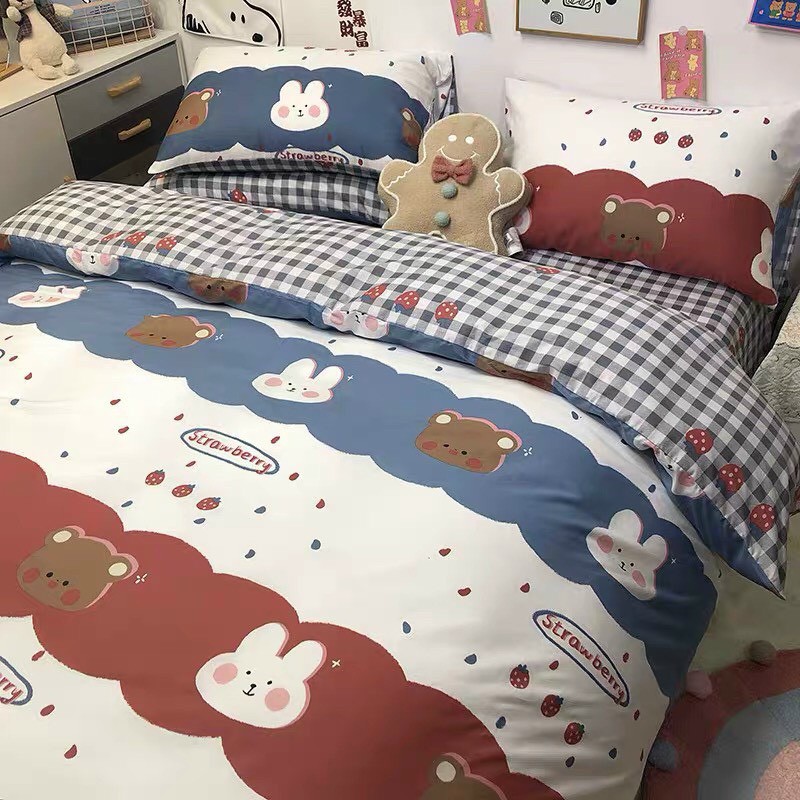 Bộ chăn ga cotton poly M2T Bedding chăn ga Hàn Quốc họa tiết Gấu và Thỏ đủ size miễn phí bo chun