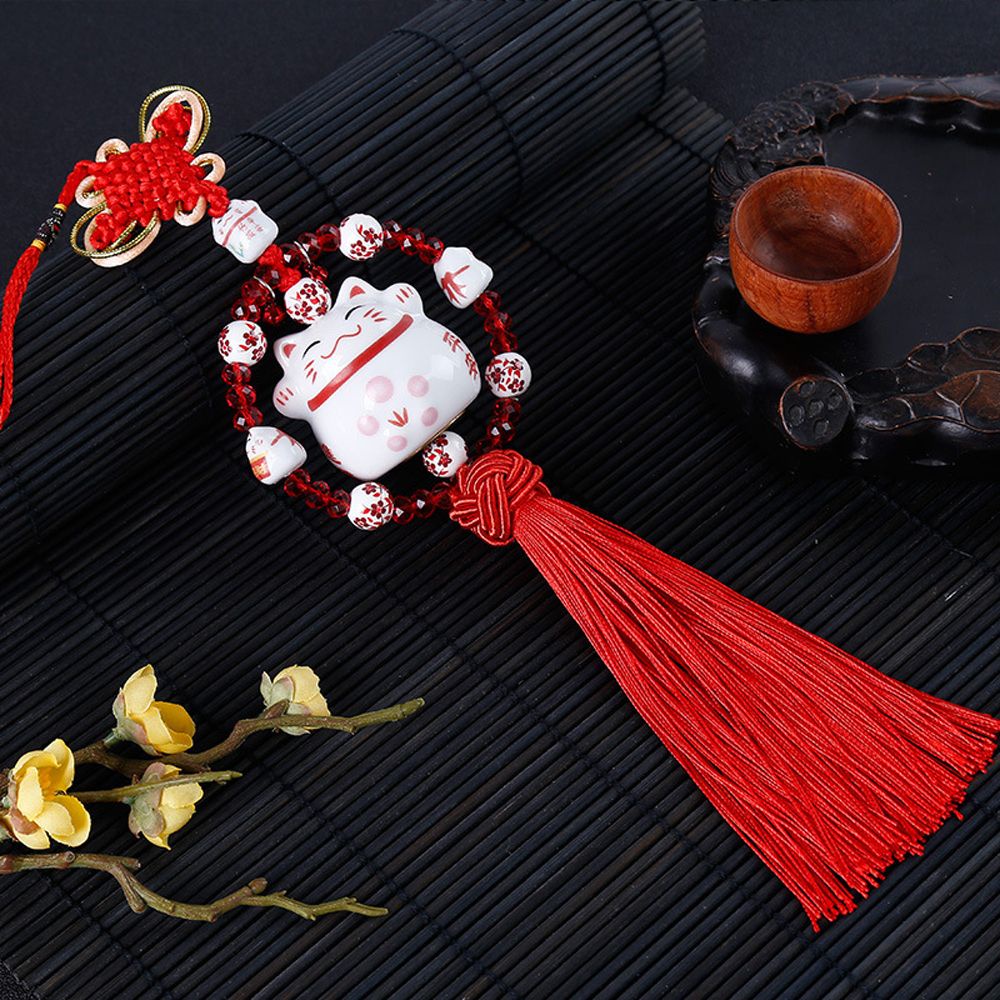 Mặt dây chuyền bằng gốm hình mèo may mắn hoạt hình gắn chuông trang trí xe hơi