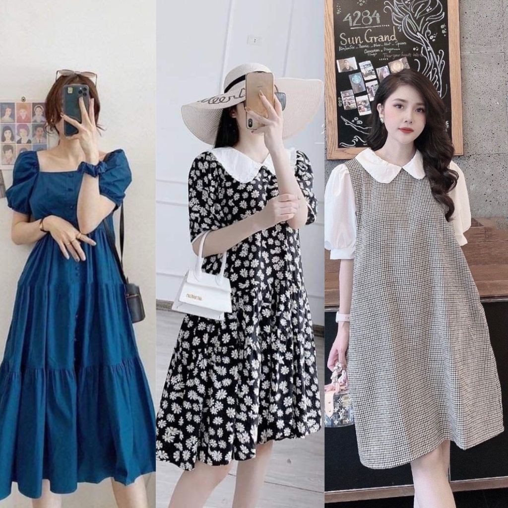 Đầm bầu thời trang thiết kế cúc họa mi MB104 chất lụa mềm không nhăn freesize từ 45 đến 70kg