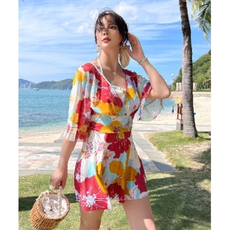 Bộ đồ bơi nữ liền mảnh váy họa tiết hoa chất thun dày đẹp phối lưới xịn size lớn