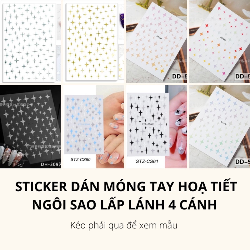 Sticker,hình dán móng tay hoạ tiết ngôi sao 4 cánh lấp lánh trang trí móng tay nail