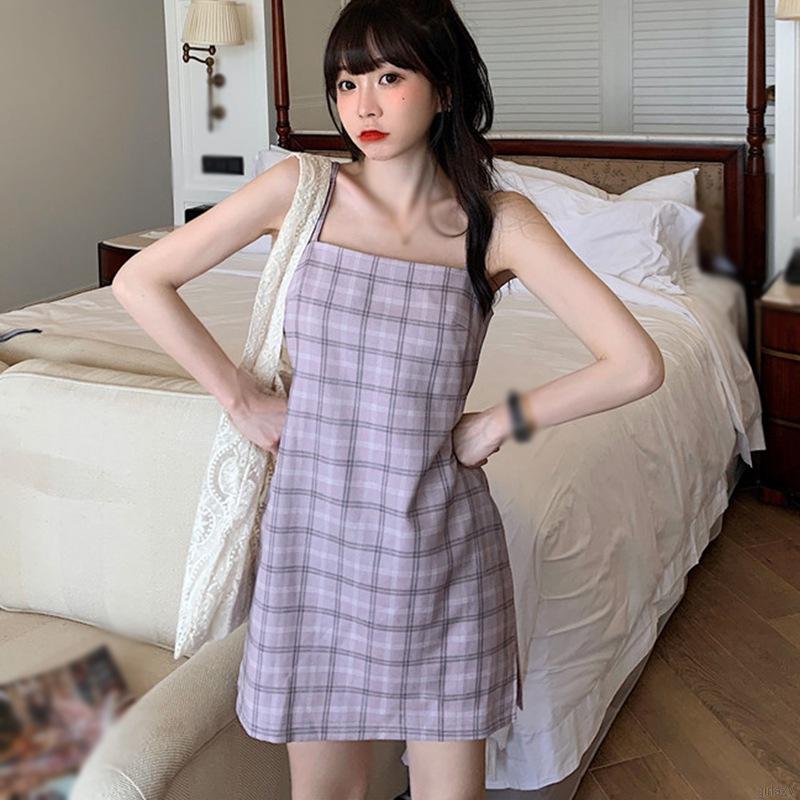 Đầm hai dây họa tiết kẻ sọc caro phong cách ngọt ngào cho nữ